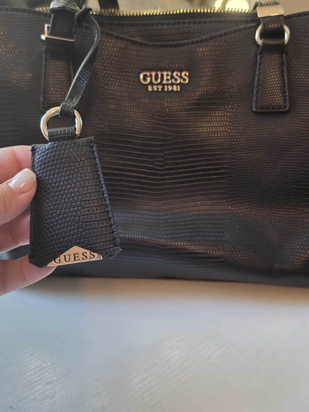 GUESS Black Textured Lizard-Embossed Tote with Gold Logo